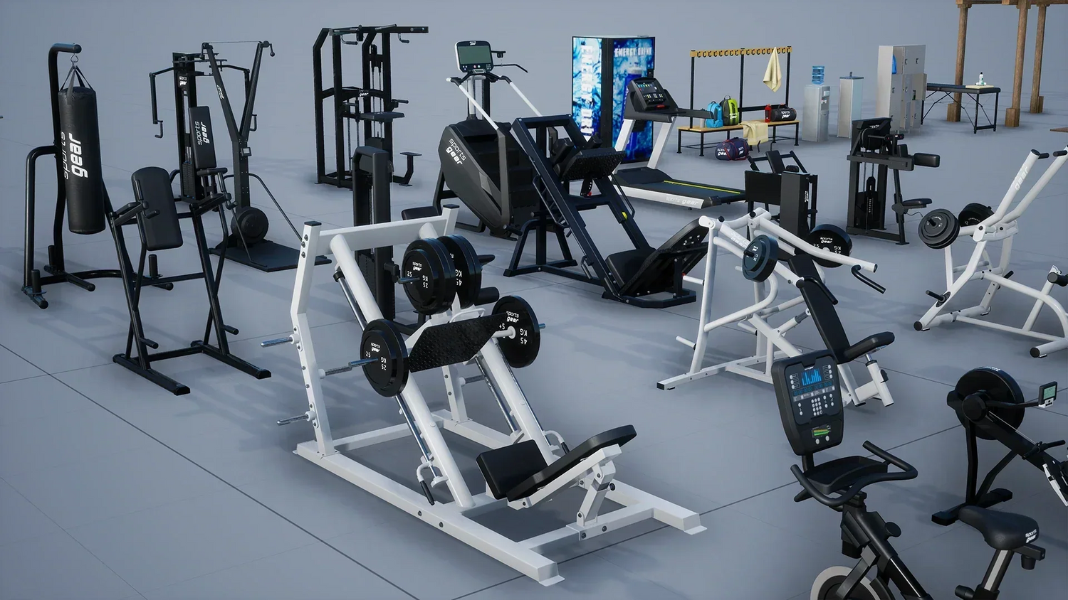 “Curve Fitness commercial gym equipment setup with strength machines, cardio machines, dumbbells, racks, benches and weight plates.”
