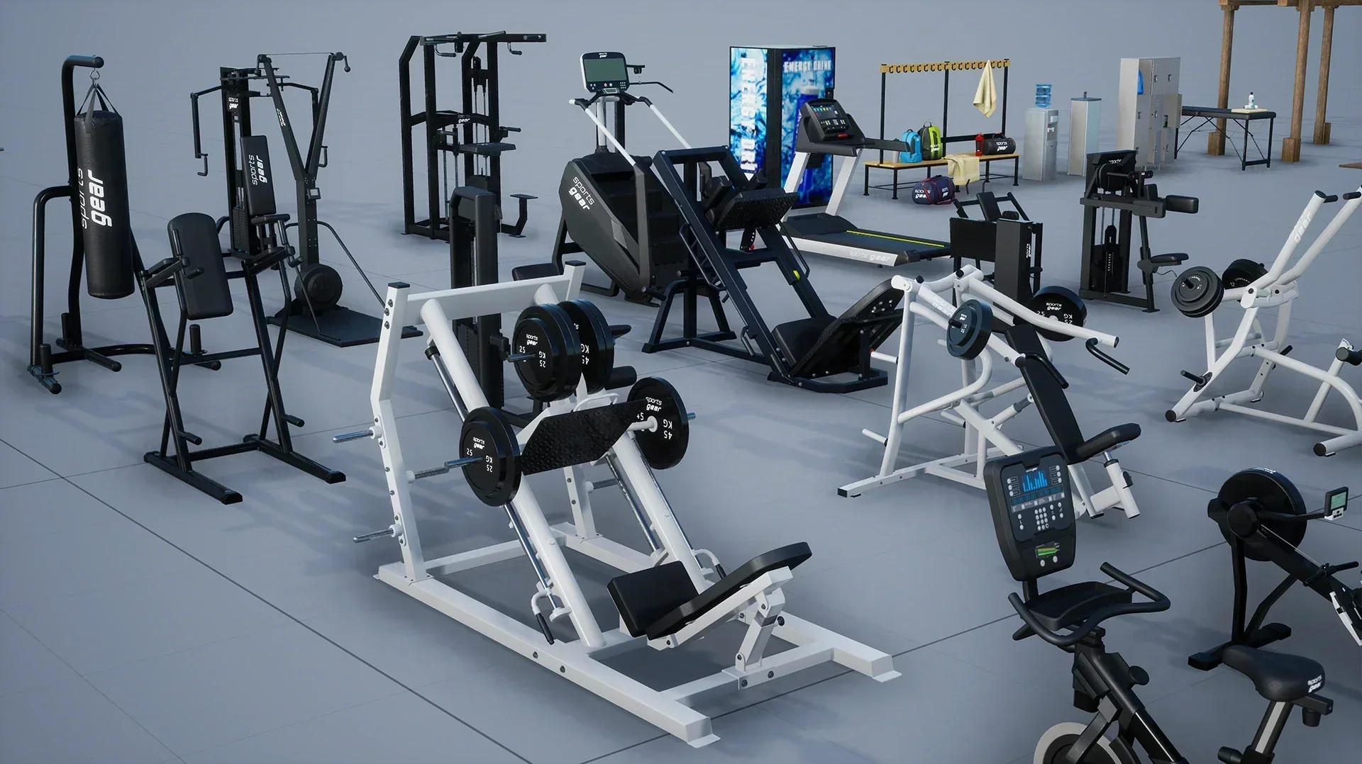 “Curve Fitness commercial gym equipment setup with strength machines, cardio machines, dumbbells, racks, benches and weight plates.”
