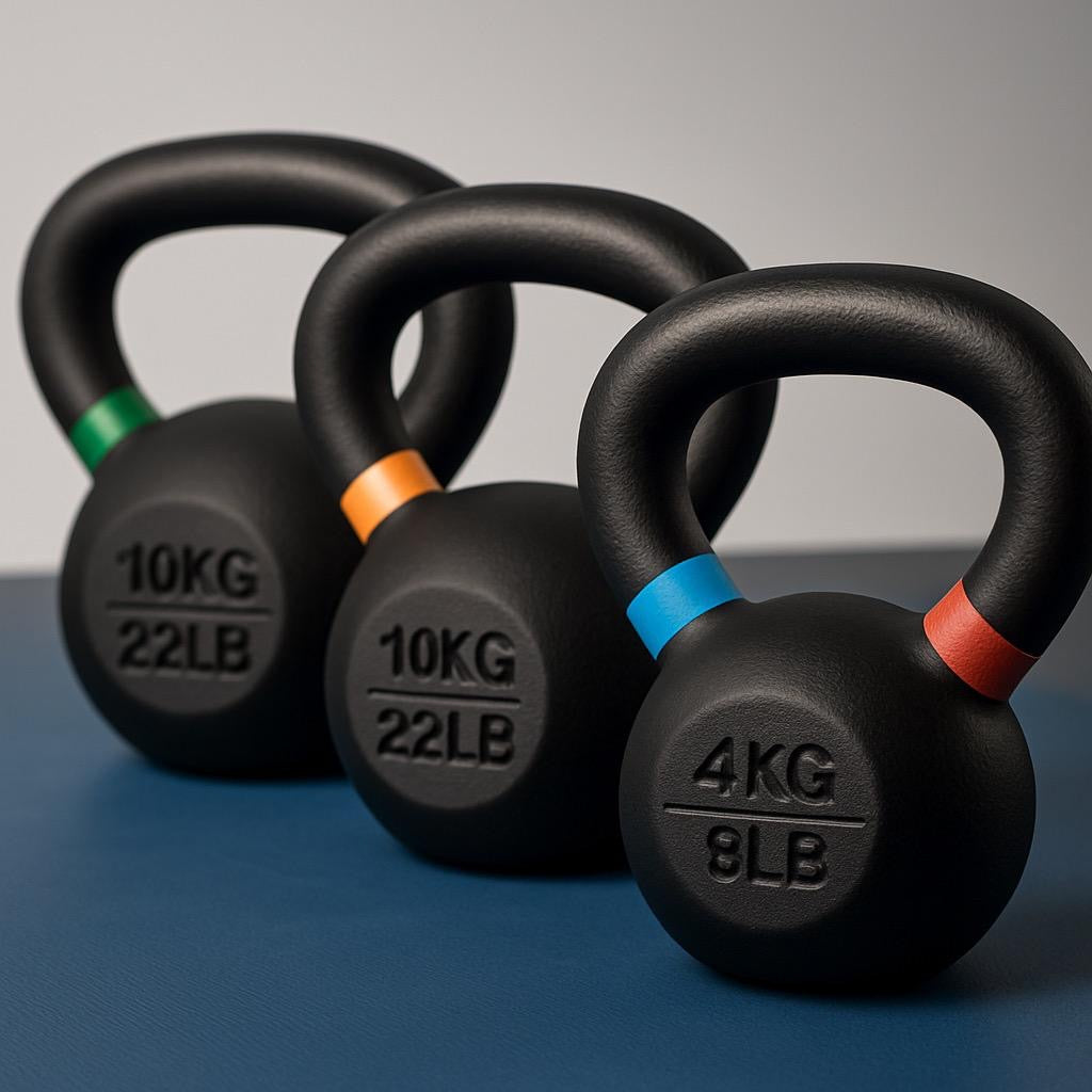 Three black kettlebells with weight markings on a blue surface.