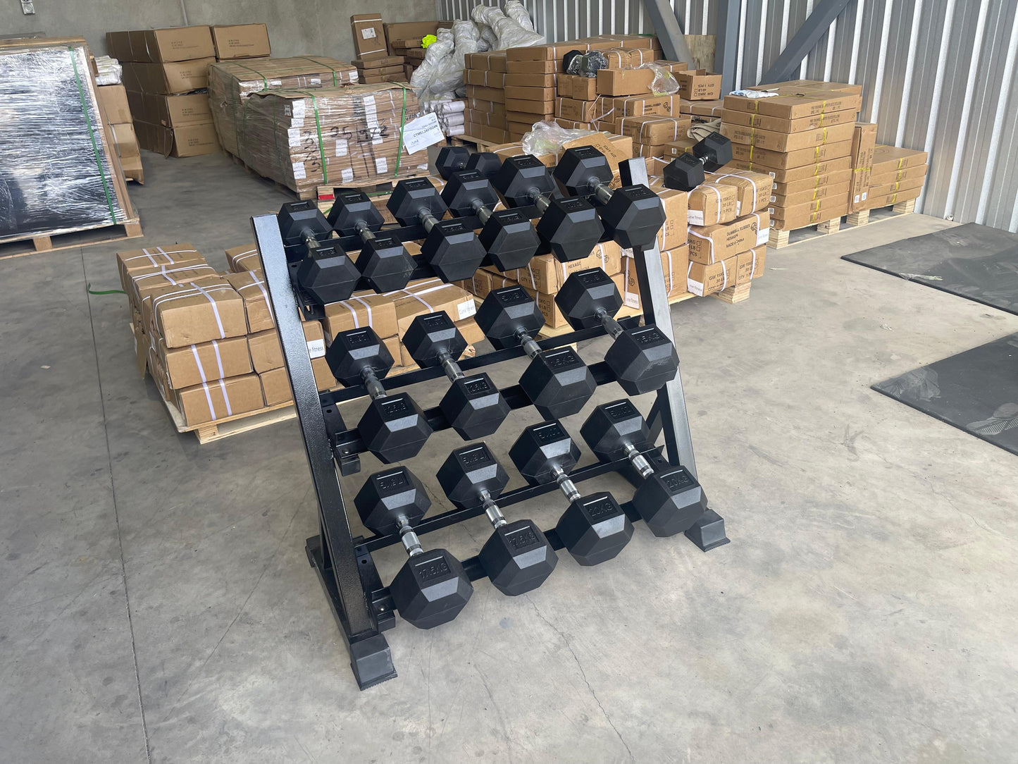9-Pair Rubber Hex Dumbbell Set with 110cm 3-Tier Rack (270kg | 5kg–25kg)