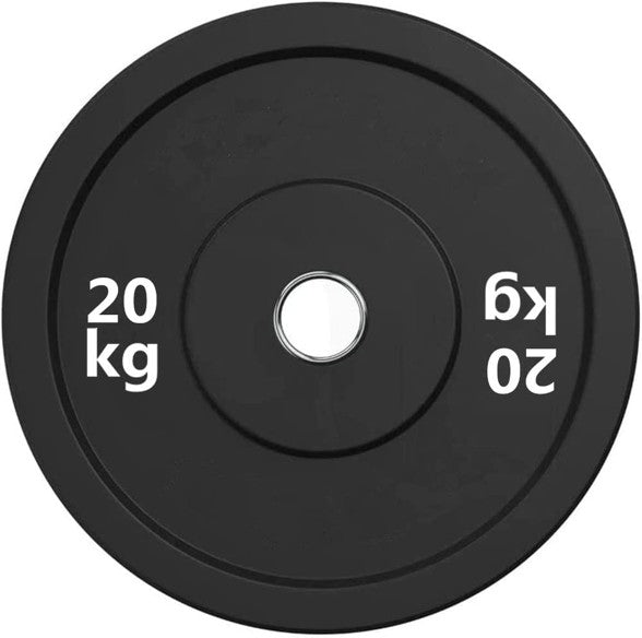 Black weight plate with '20 kg' marking on a white background