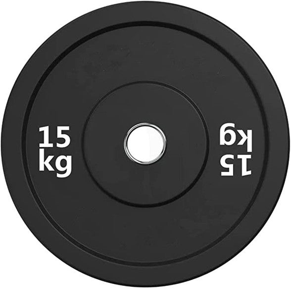 Black weight plate with '15 kg' marking on a white background