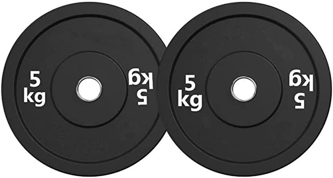 Two black weight plates with '5 kg' marking on a white background