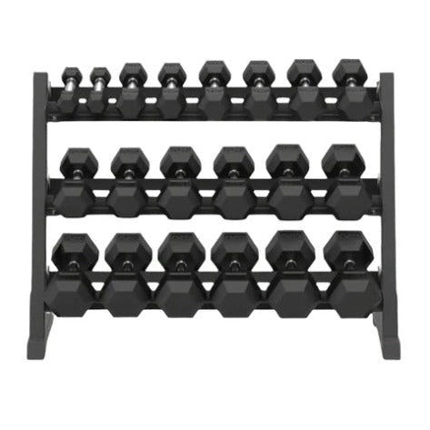 Black hexagonal dumbbells on a metal rack on a white background