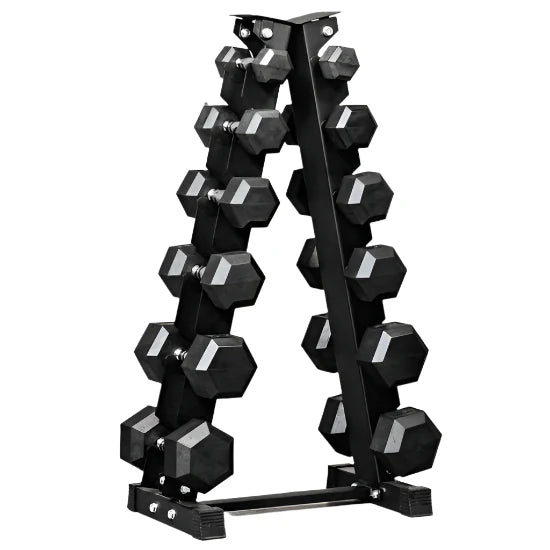 Curve Fitness 6-Pairs of Hex Dumbbells & A Frame Rack (140kg kit | 5kg–20kg)