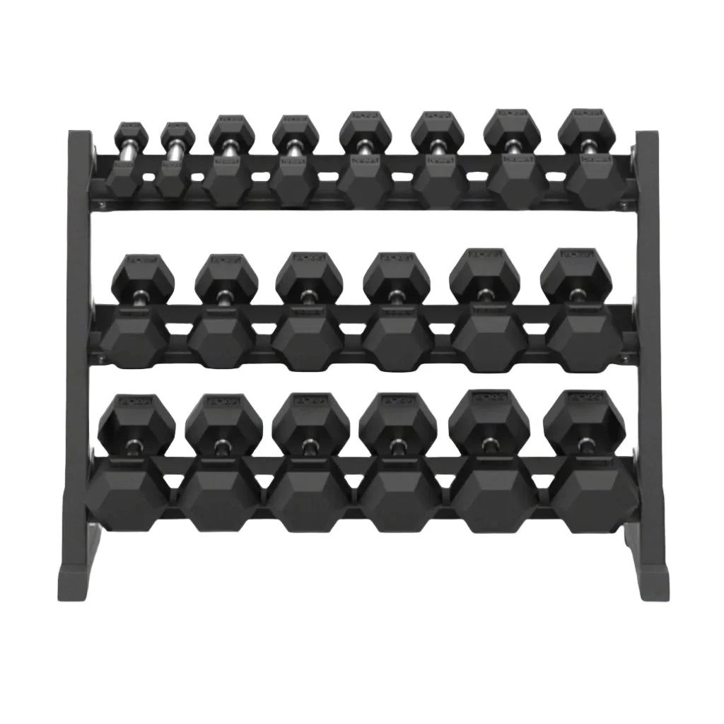 Black hexagonal dumbbell set on a metal rack against a white background