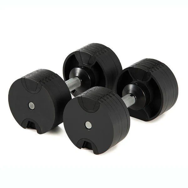 Set of black adjustable dumbbells on a white background