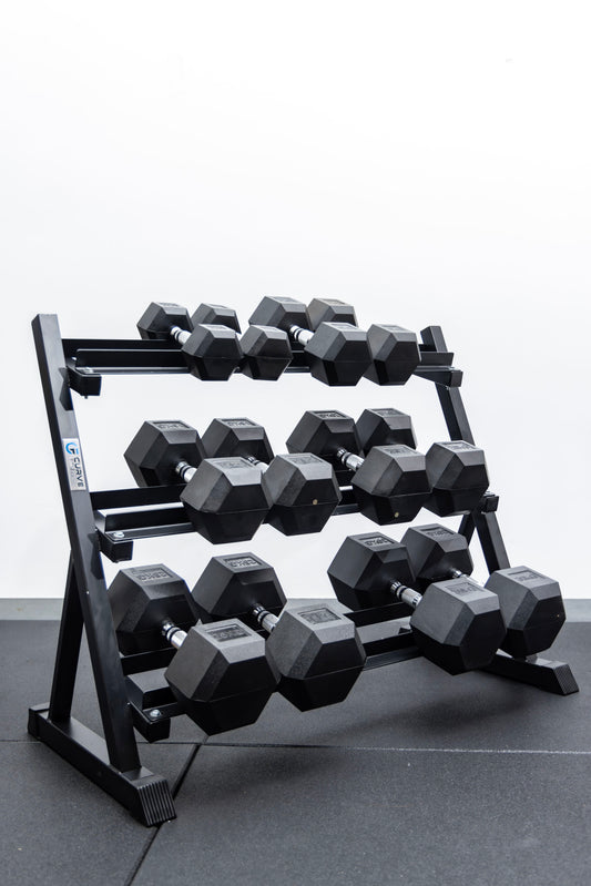 6 Pairs Hex Dumbbells PLUS Dumbbell Rack (210 kg | 5kg–30KG | 1.1m 3-tier Rack)