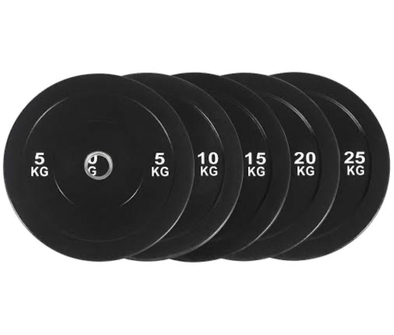 Set of black weight plates with weight markings on a white background