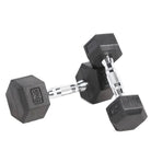 Pair of black hexagonal dumbbells on a white background