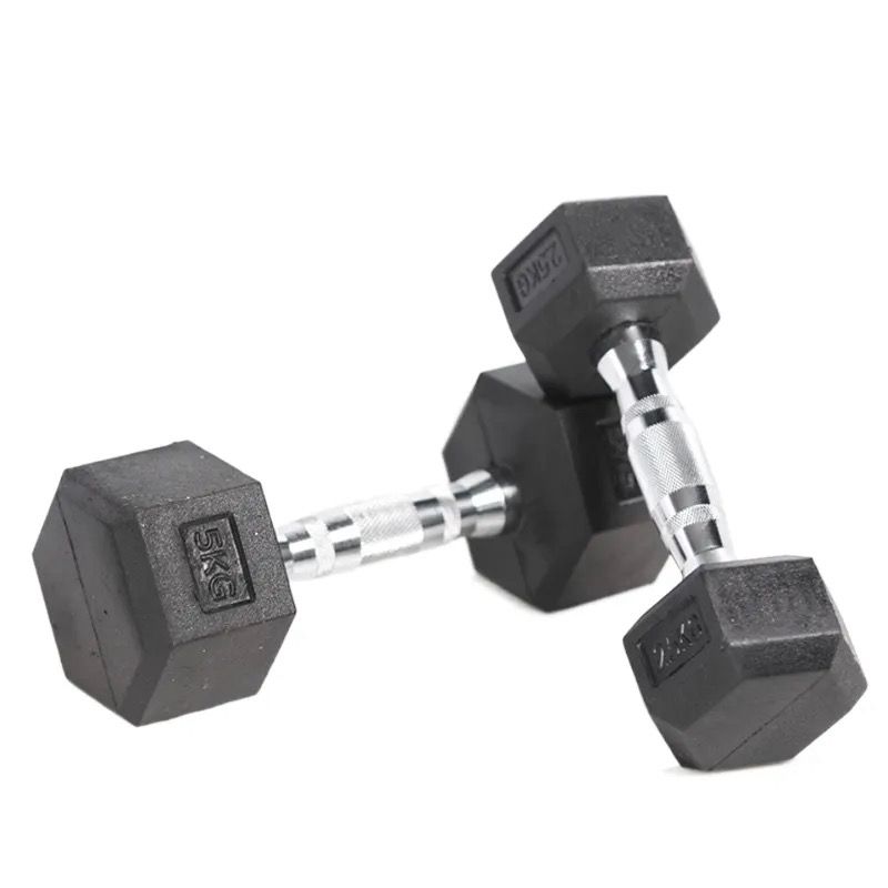 Pair of black hexagonal dumbbells on a white background