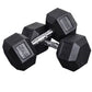 Pair of black hexagonal dumbbells with '20KG' marking on a white background