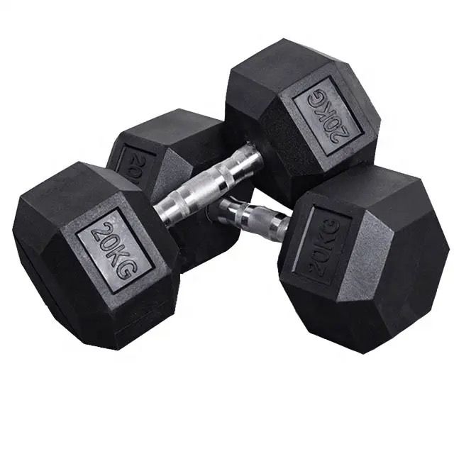 Pair of black hexagonal dumbbells with '20KG' marking on a white background