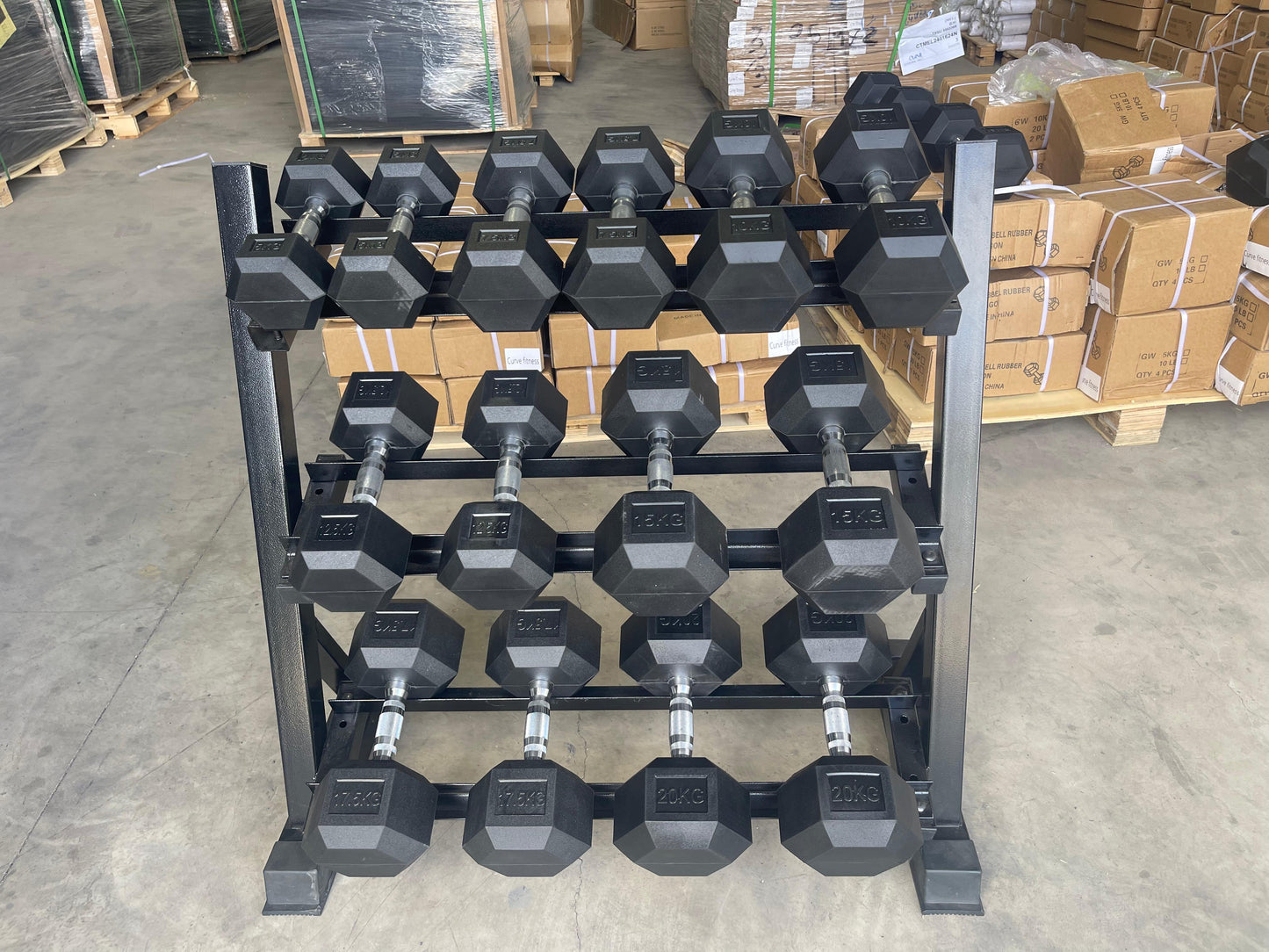 5 Pairs of 150 kg Rubber Hex Dumbbell Set with 3-Tier Rack – Curve Fitness