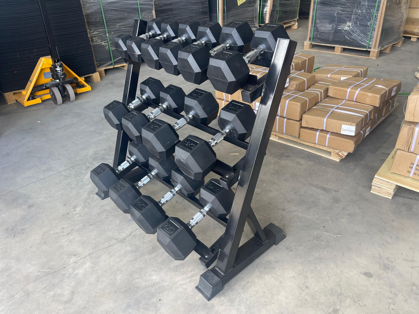 5 Pairs of 150 kg Rubber Hex Dumbbell Set with 3-Tier Rack – Curve Fitness