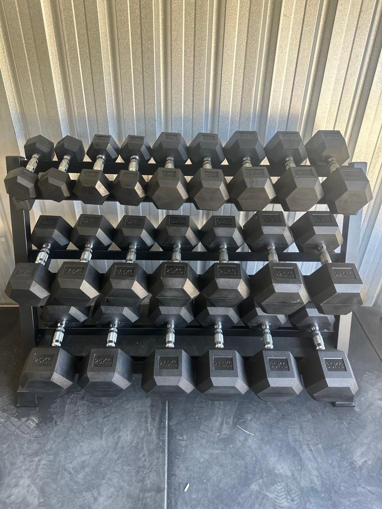 385kg Rubber Hex Dumbbell Set –12 Pairs Complete Kit (5kg–30kg Pairs + Rack)