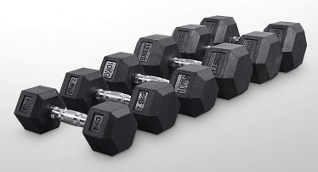 Set of black hexagonal dumbbells on a white background