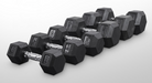 Set of black hexagonal dumbbells on a white background