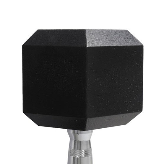 Hexagonal dumbbell weight on a white background