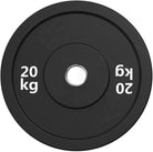 Black weight plate with '20 kg' marking on a white background