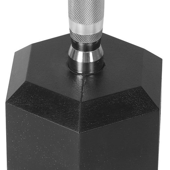 Hexagonal dumbbell weight with a metallic handle on a white background