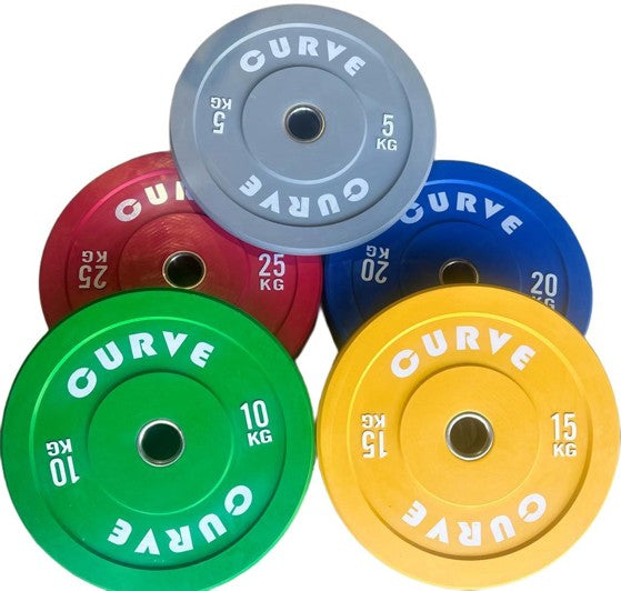 Colorful weight plates with 'Curve' branding on a white background
