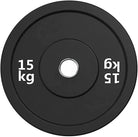 Black weight plate with '15 kg' marking on a white background