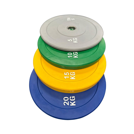 Stack of weight plates in blue, yellow, green, and gray on a white background