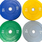 Four weight plates in blue, yellow, green, and gray with labeled weights on a white background.