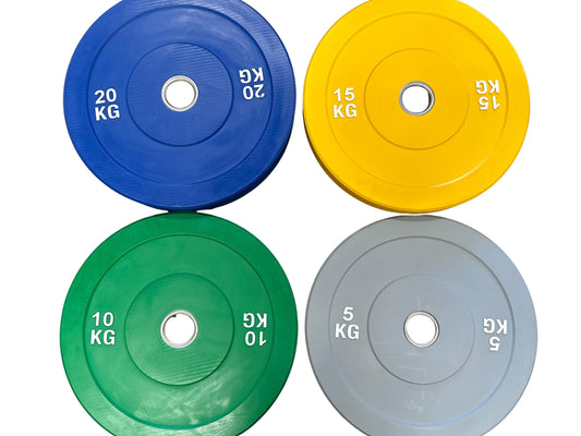 Four weight plates in blue, yellow, green, and gray with labeled weights on a white background.