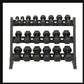 Black hexagonal dumbbells on a metal rack on a white background