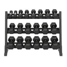 Black hexagonal dumbbells on a metal rack on a white background