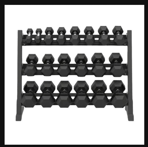 Black hexagonal dumbbells on a metal rack on a white background