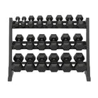 Black hexagonal dumbbell set on a metal rack against a white background