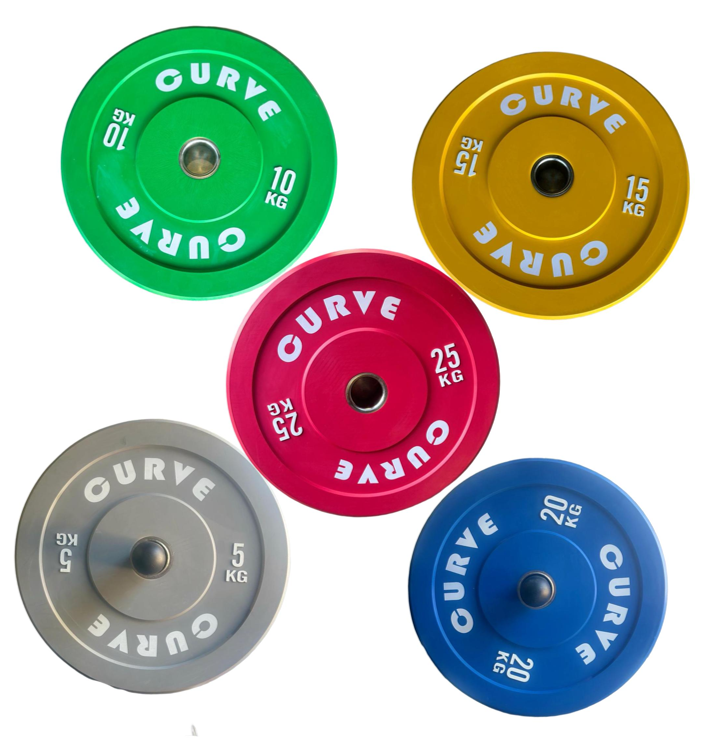 Set of colorful weight plates with 'Curve' branding on a white background